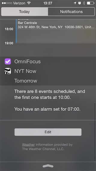 iOS 8 Notification Center with OmniFocus and NYT Now Extensions