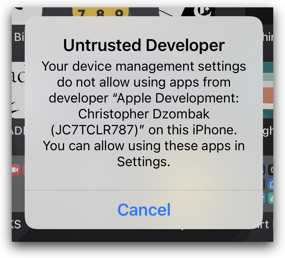 Untrusted Developer alert