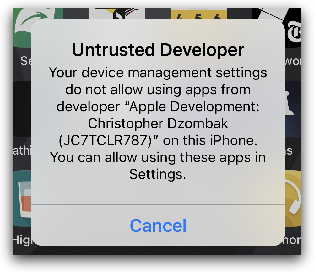 Untrusted developer alert