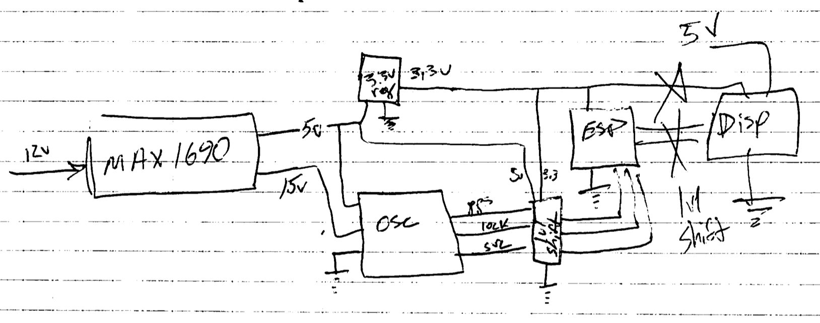 Rough, handwritten block diagram for the atomic clock