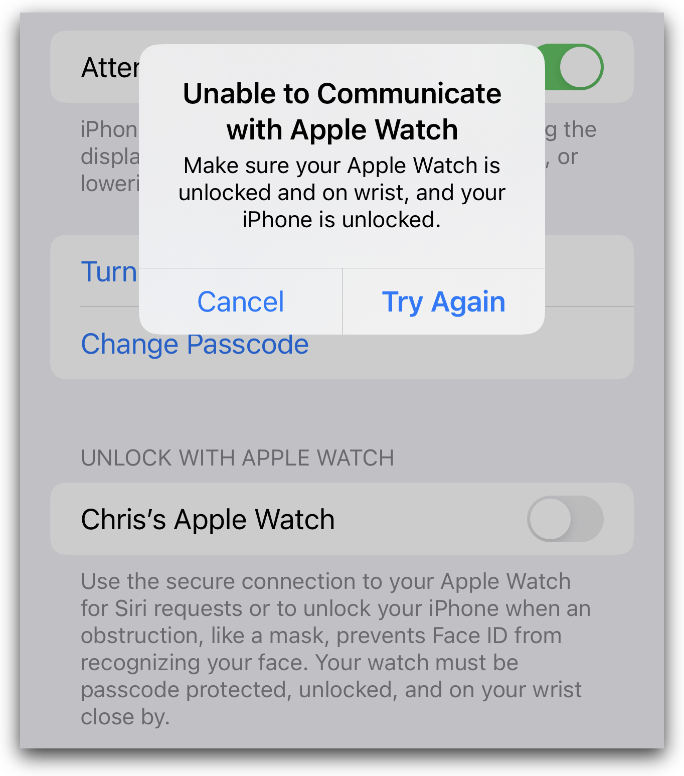 Unable to communicate with Apple Watch error