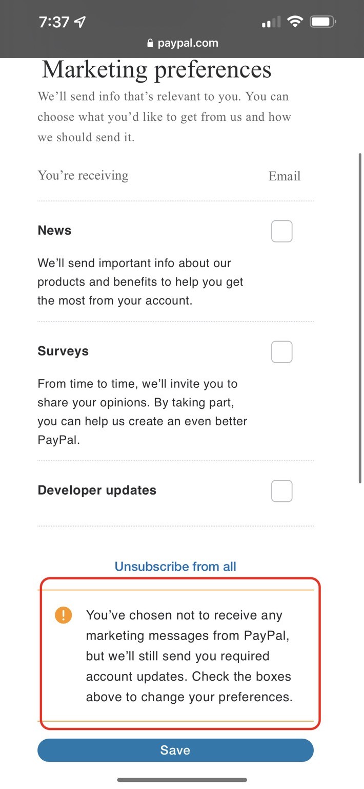 PayPal marketing preferences form says I'm only receiving "required account updates"