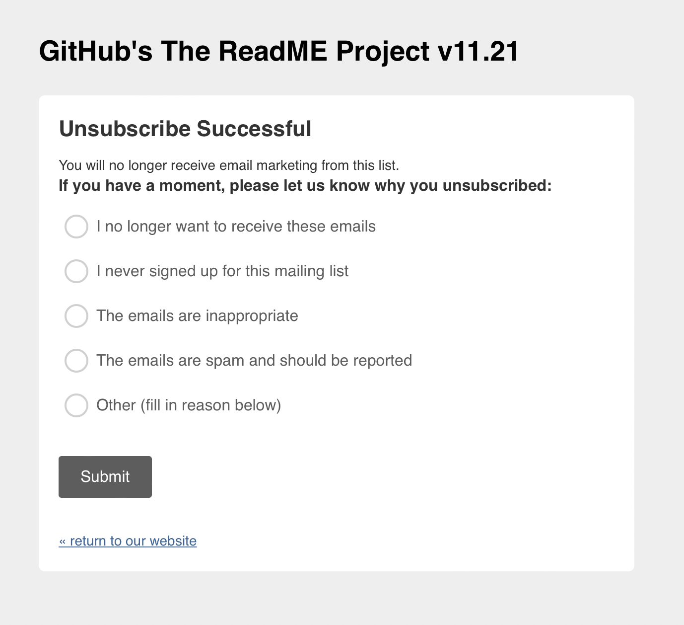 I have unsubscribed from the "GitHub's The ReadME Project v11.21" list"
