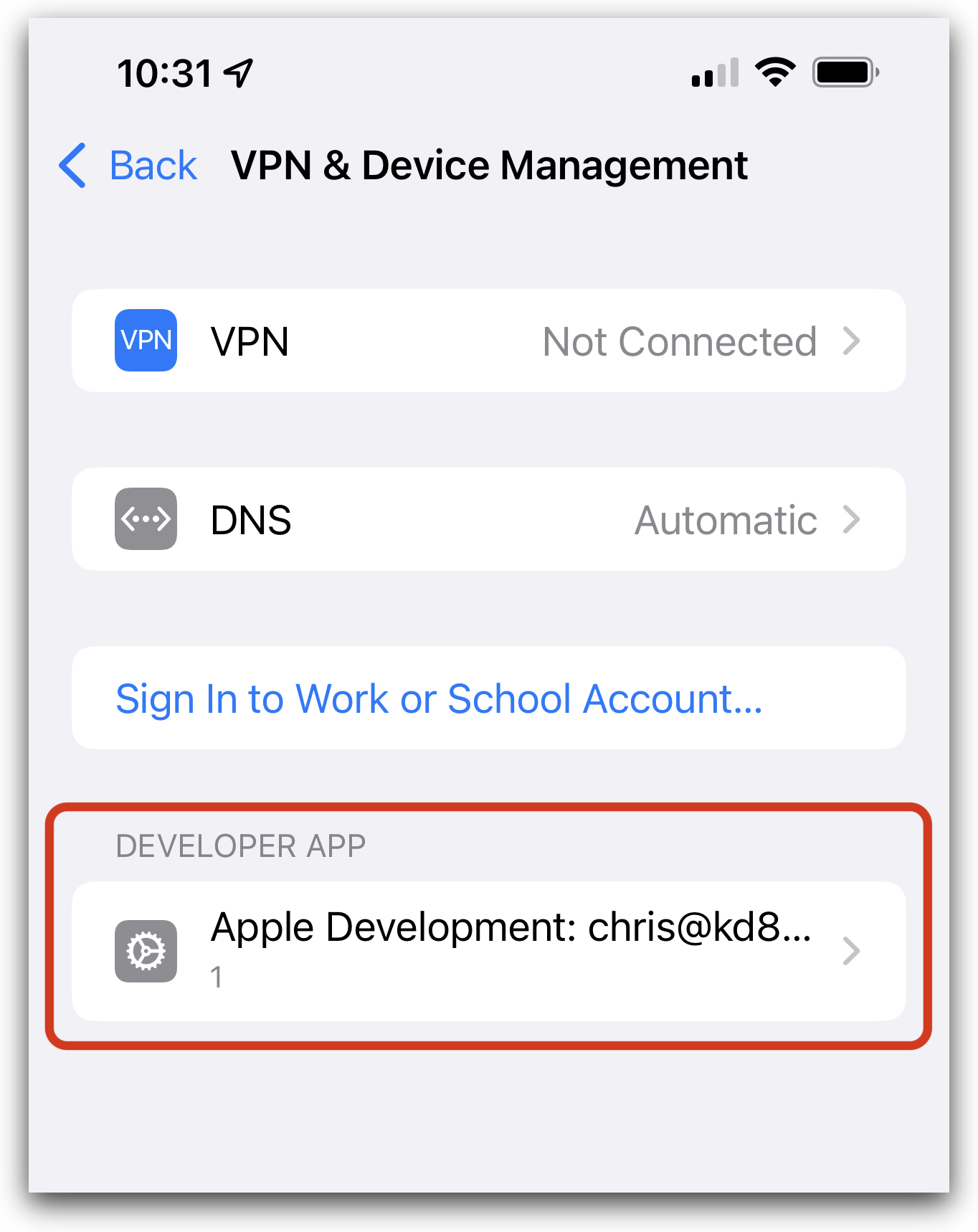 Device Management settings lists the provisioning profile associated with my new Apple ID